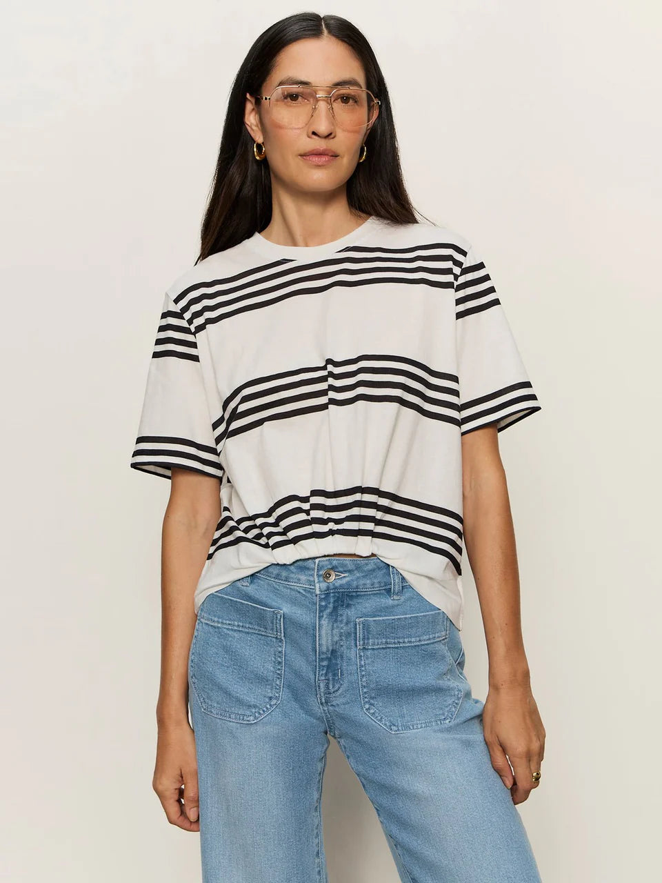 Striped Tucked Front Short Sleeve Top