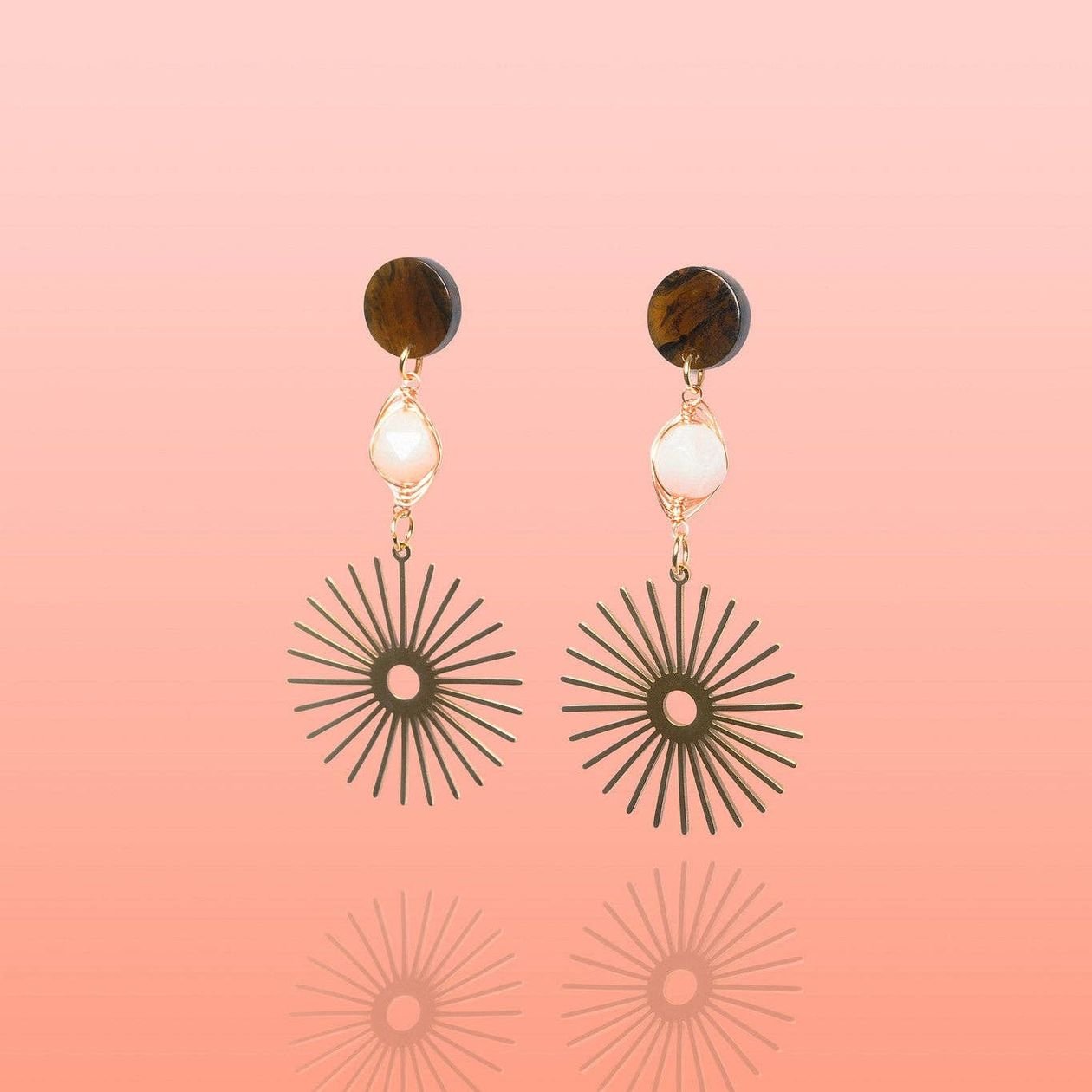 Rose & Lee Co Isela Sun Burst Earrings, Brown + Pink Jade Earrings