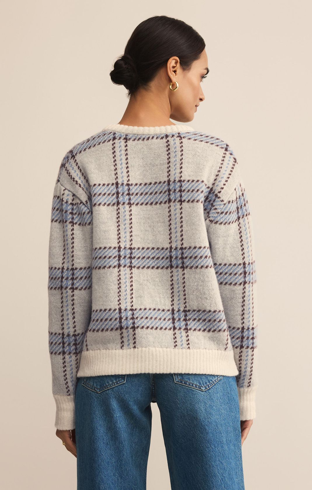 blue, cream and brown plaid sweaters