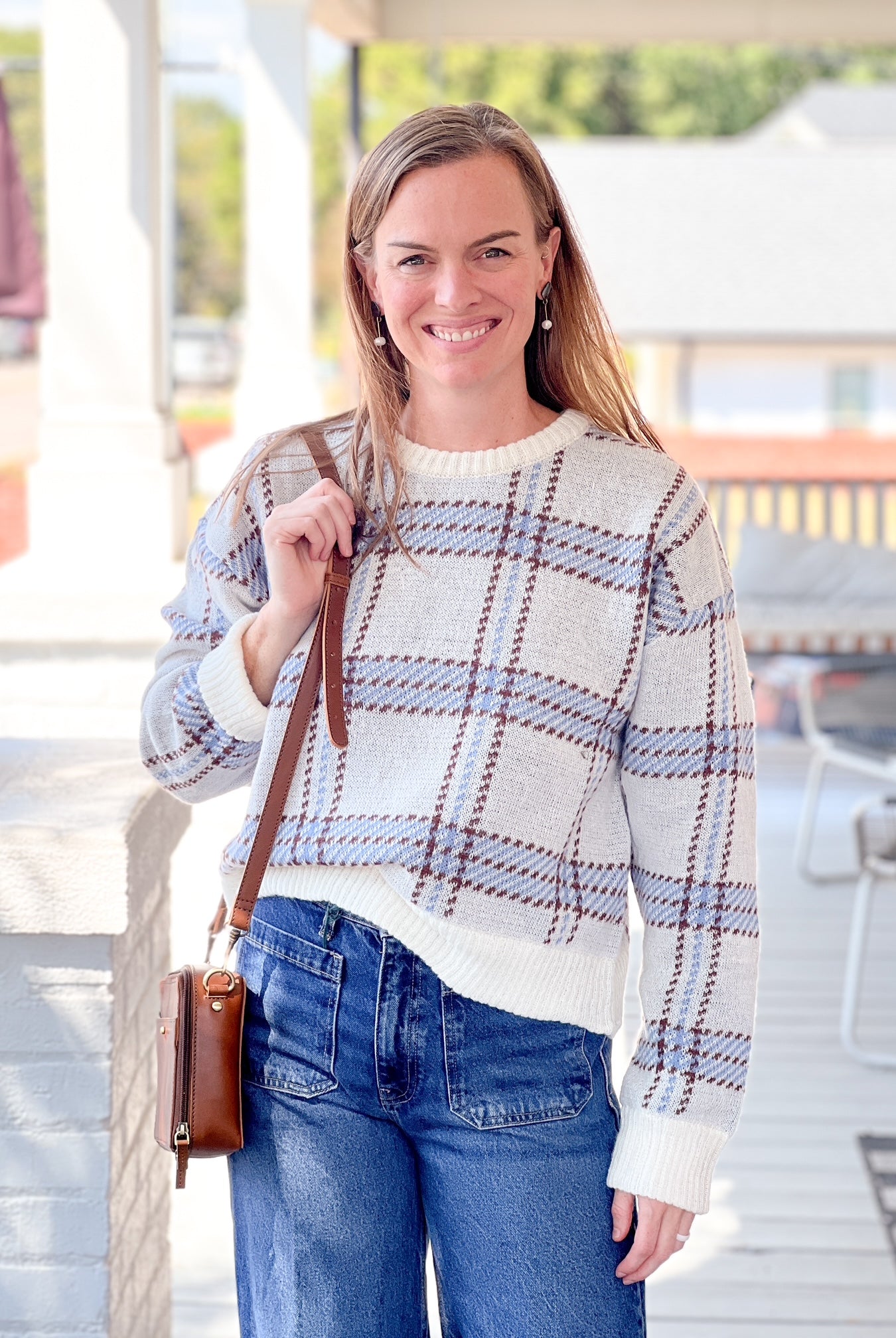 blue, cream and brown plaid sweaters