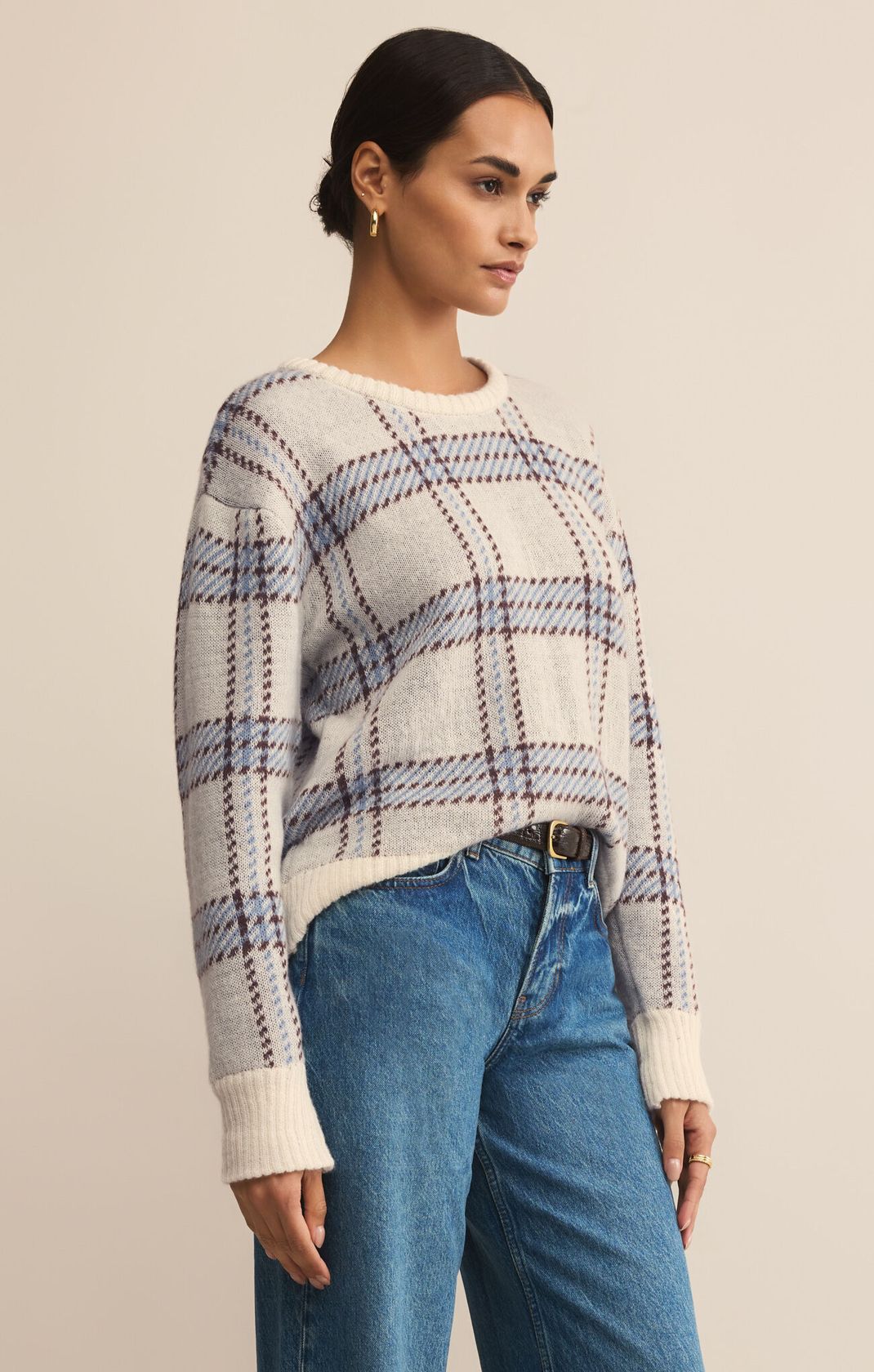 blue, cream and brown plaid sweaters