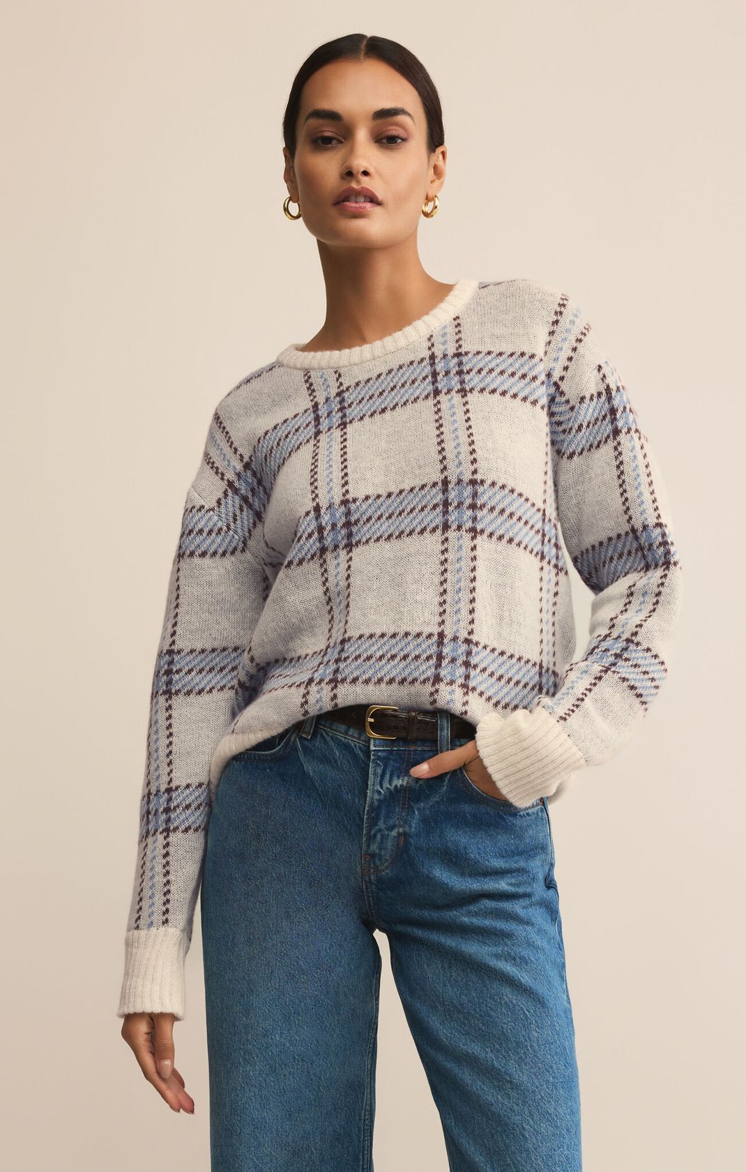 blue, cream and brown plaid sweaters