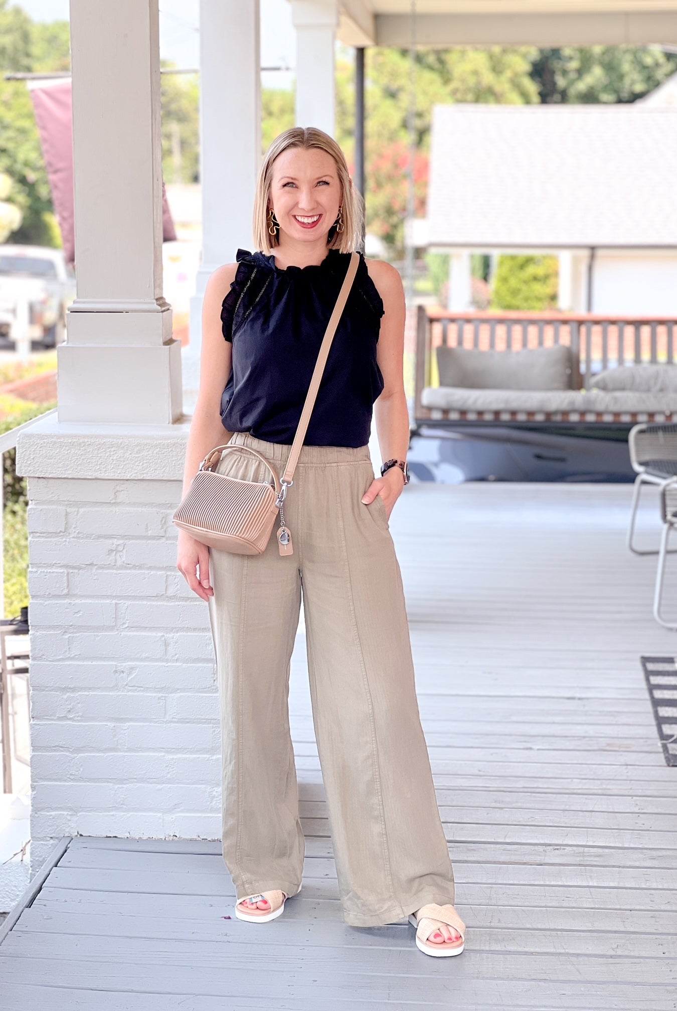 elastic waistband olive wide leg pants