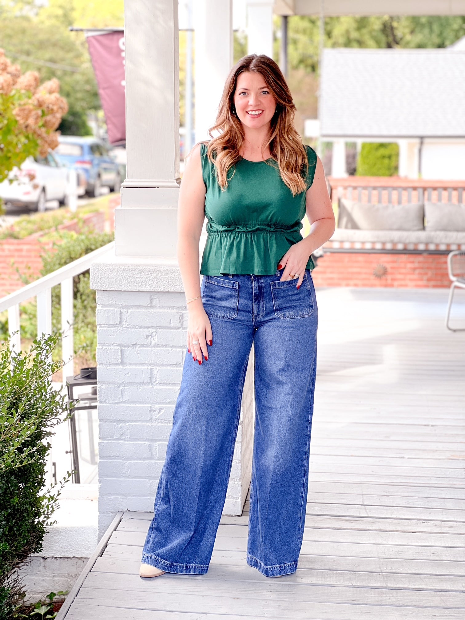 Green Sleeveless Tank Top with slight peplum