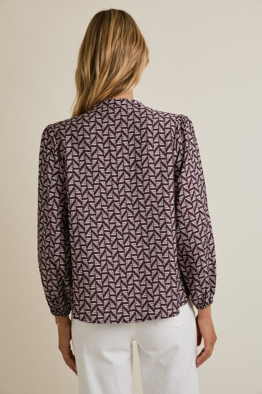 Brown/Ivory Abstract Long Sleeve Work Top