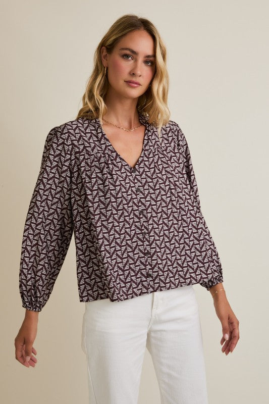 Brown/Ivory Abstract Long Sleeve Work Top