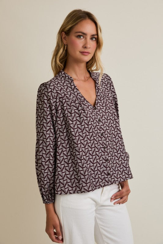 Brown/Ivory Abstract Long Sleeve Work Top