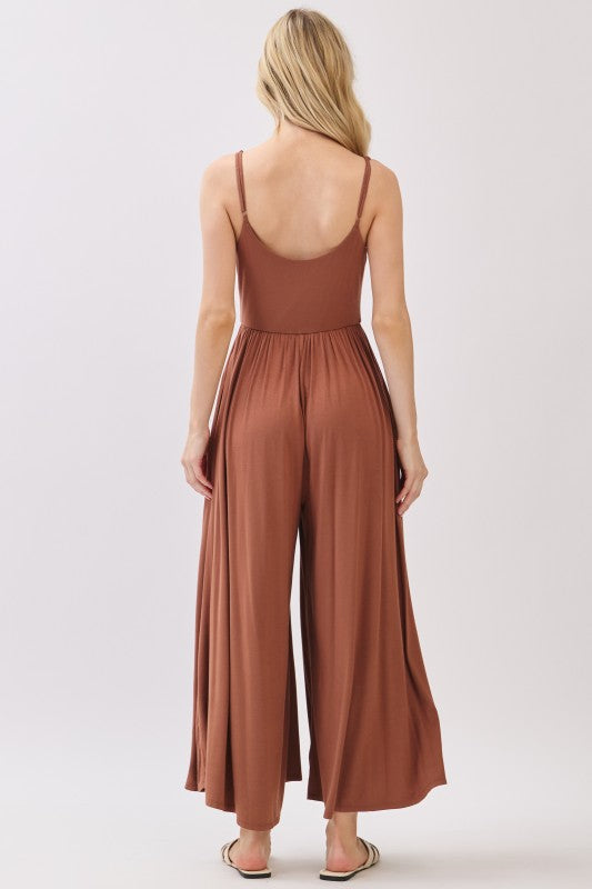 Brown Nutshell Sleeveless Wide Leg Jumpsuit