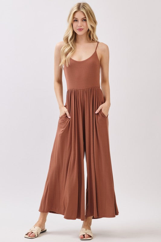 Brown Nutshell Sleeveless Wide Leg Jumpsuit