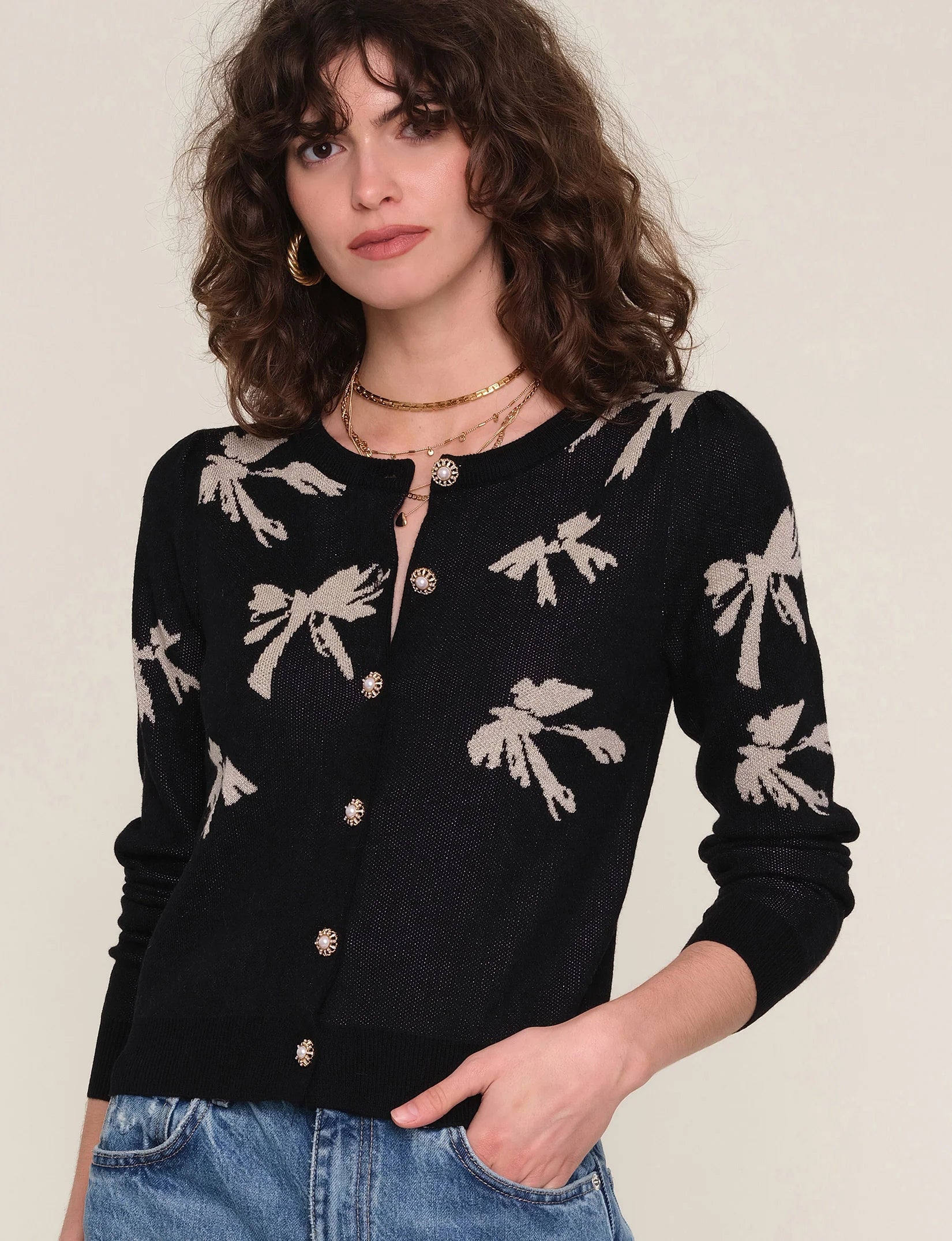 Long Sleeve Cardigan with a Bow Print