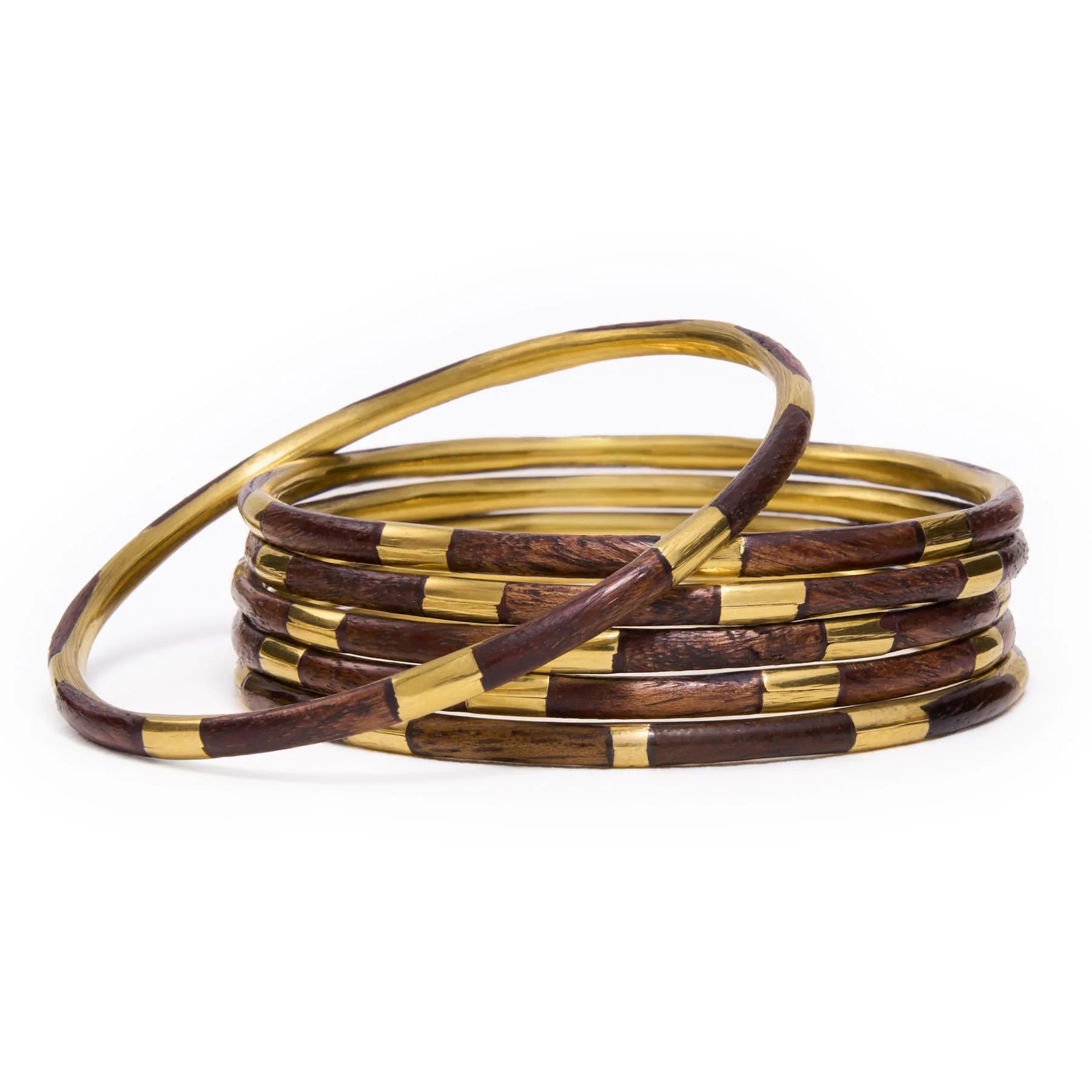 Rose & Lee Co Katherine Bangle Set of 6, Wood + Brass Bracelets