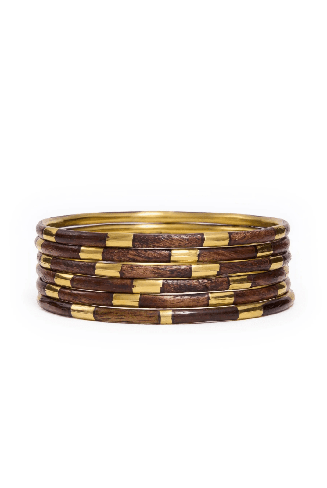 Rose & Lee Co Katherine Bangle Set of 6, Wood + Brass Bracelets