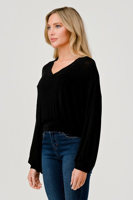 Black V-Neck Long Sleeve Top