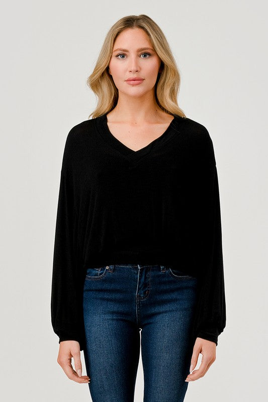 Black V-Neck Long Sleeve Top