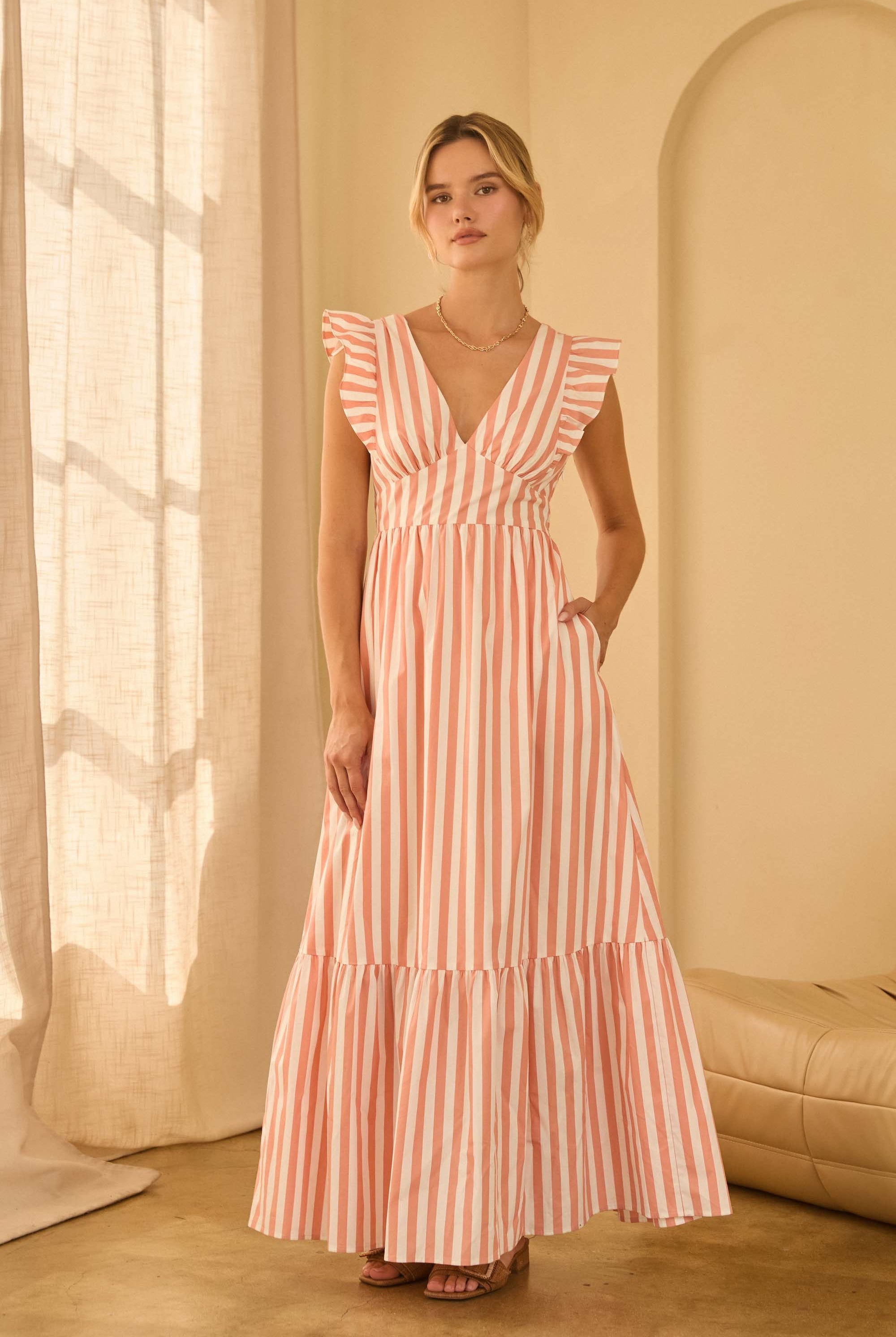 orange striped tiered maxi dress