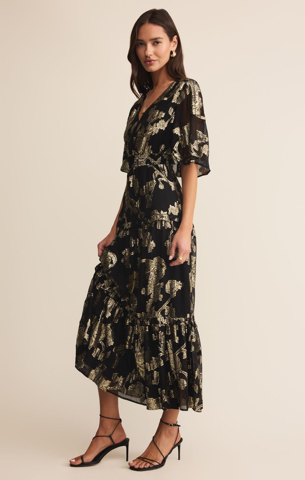 Black/Gold Floral Short Sleeve Maxi Dress