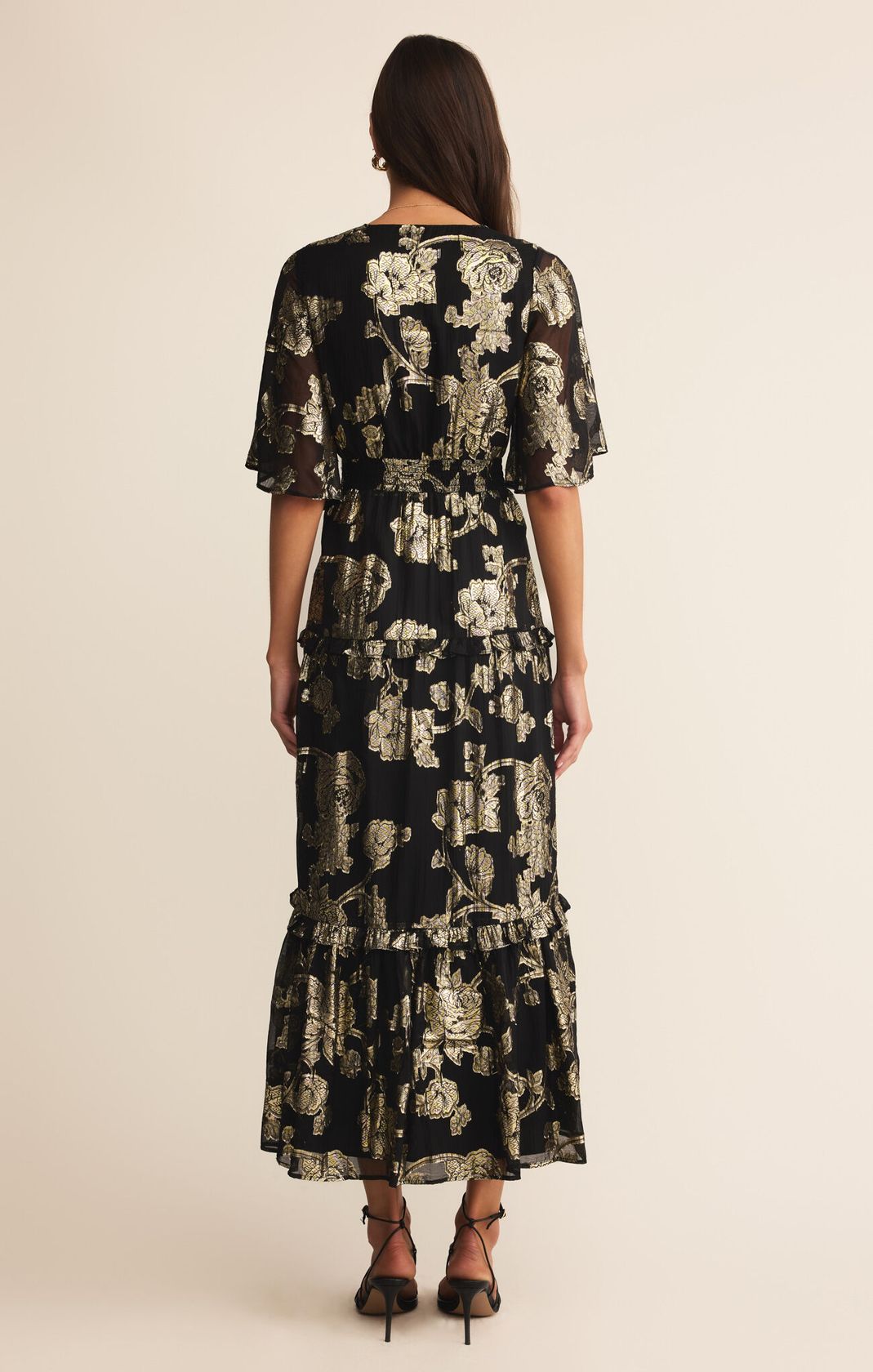 Black/Gold Floral Short Sleeve Maxi Dress