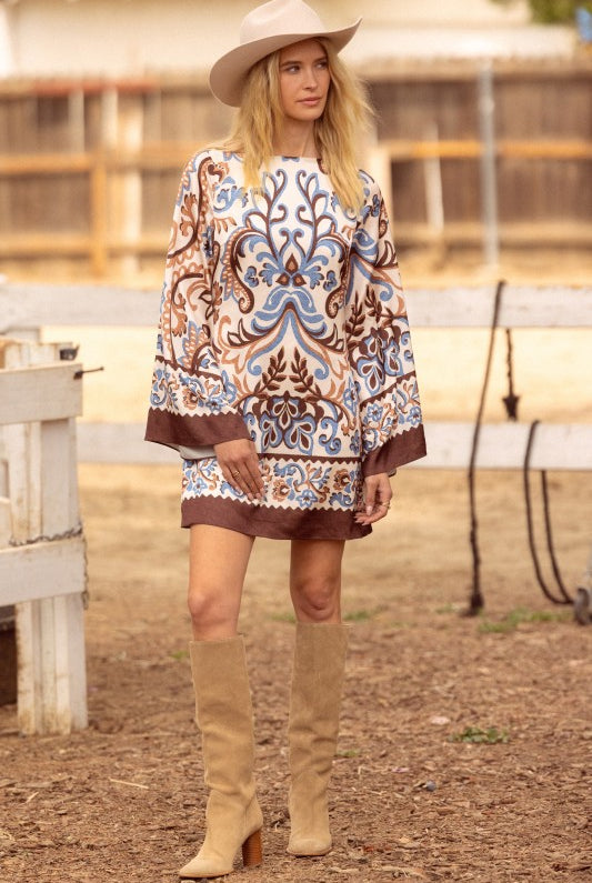 Ivory/Blue/Brown Long Sleeve Mini Dress