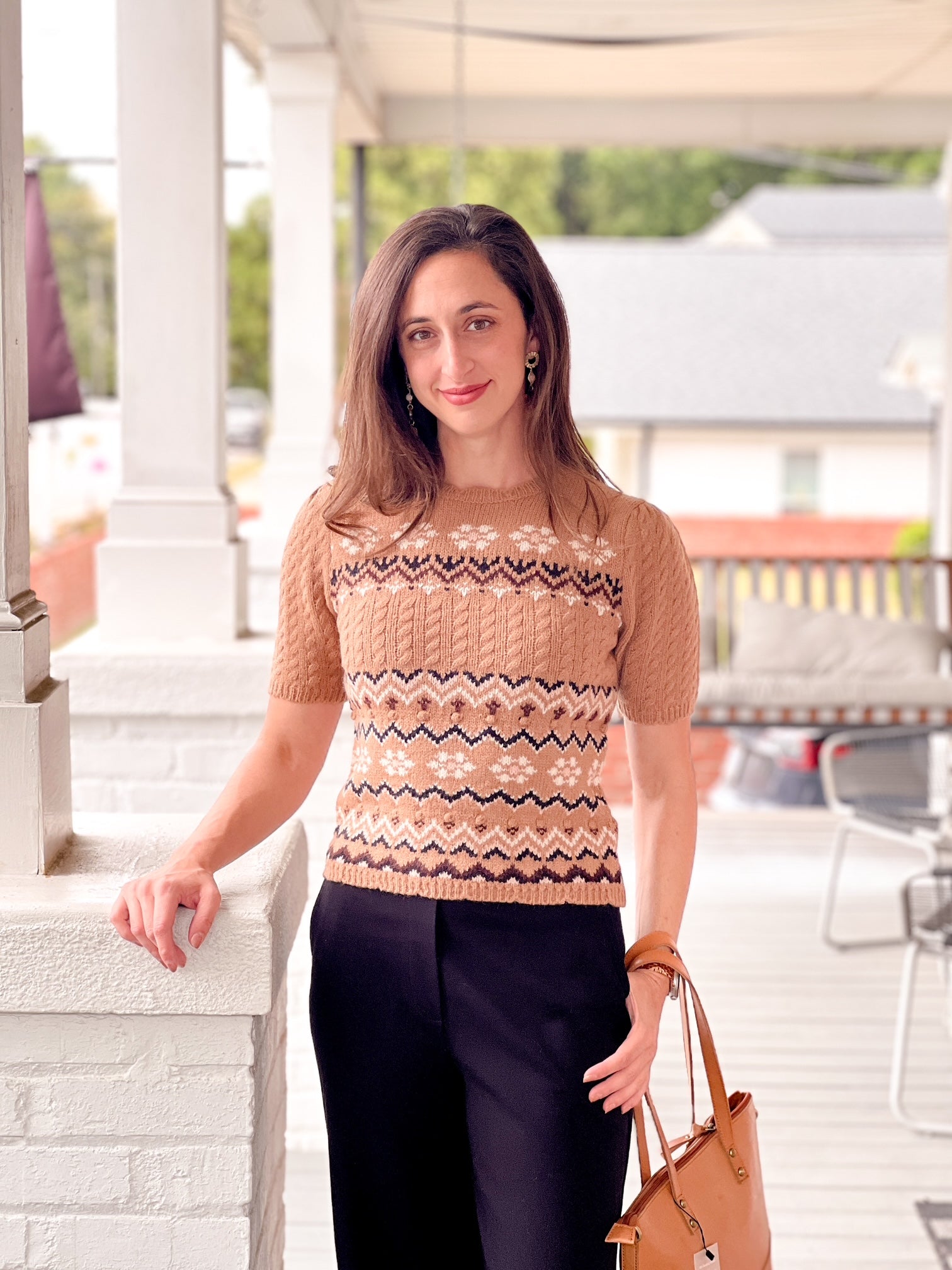 Camel Short Sleeve Jacquard Sweater Top