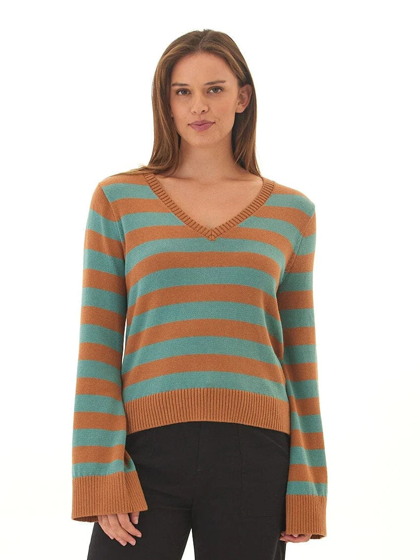 Caramel/Spearmint Striped Long Sleeve V-Neck Sweater