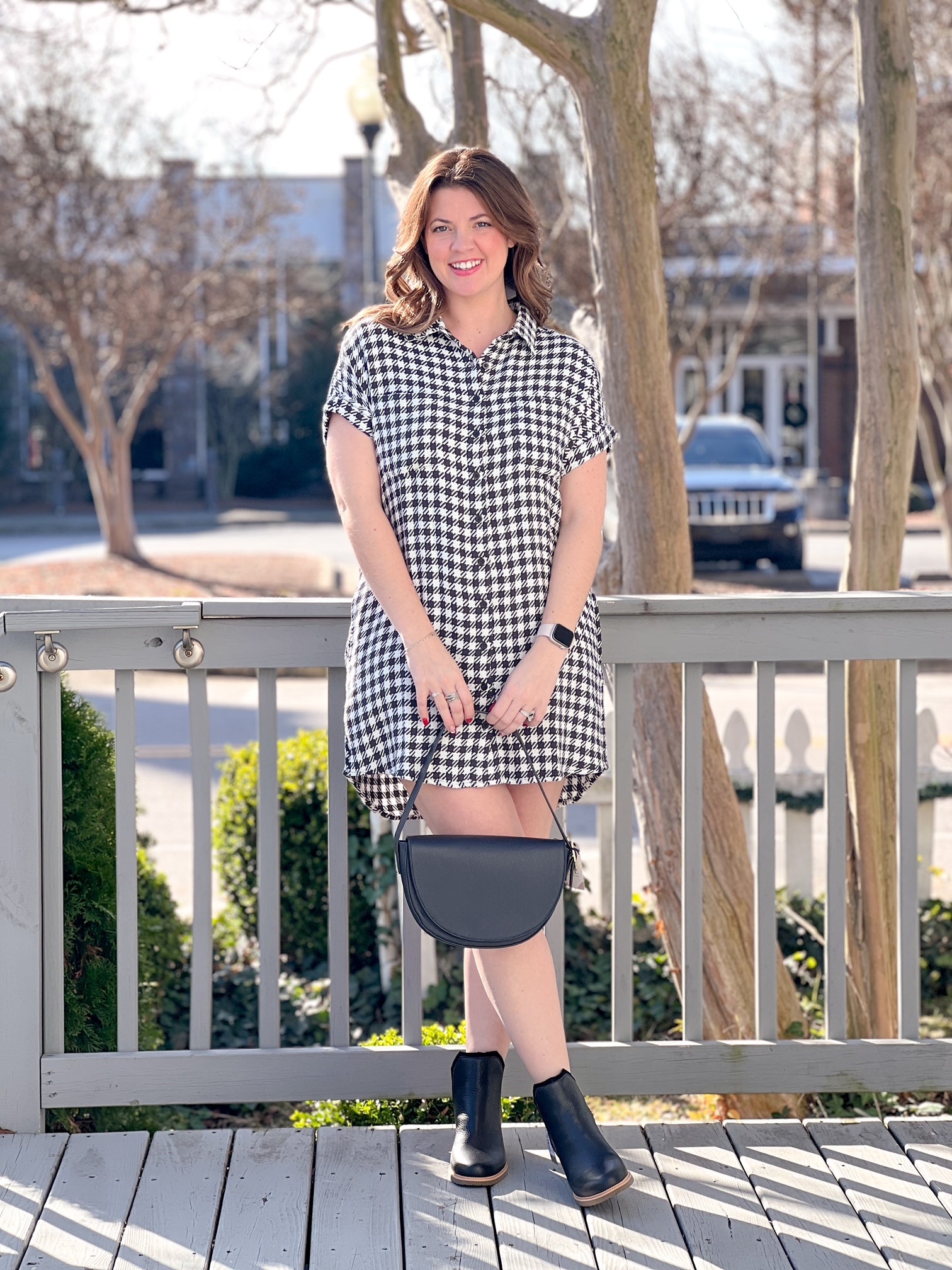 houndstooth black and white mini length button up dress