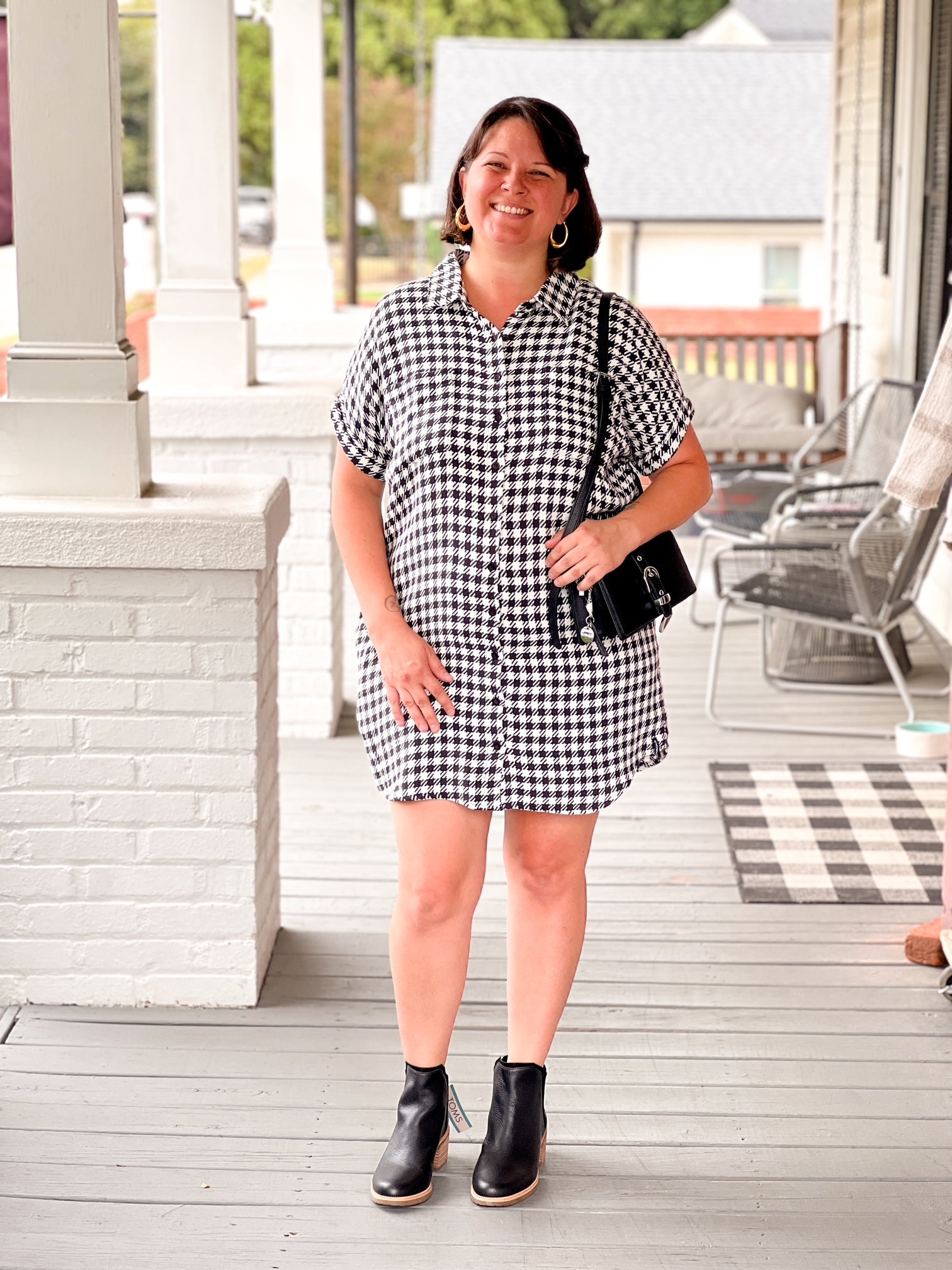 houndstooth black and white mini length button up dress