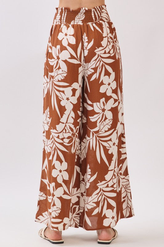 Brown Tropical Printed Wide Leg Pants