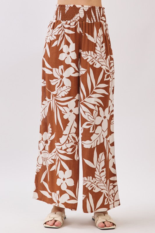 Brown Tropical Printed Wide Leg Pants