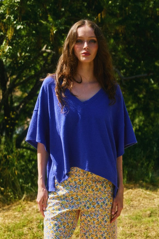 Knit Short Sleeve Blue V-Neck Top