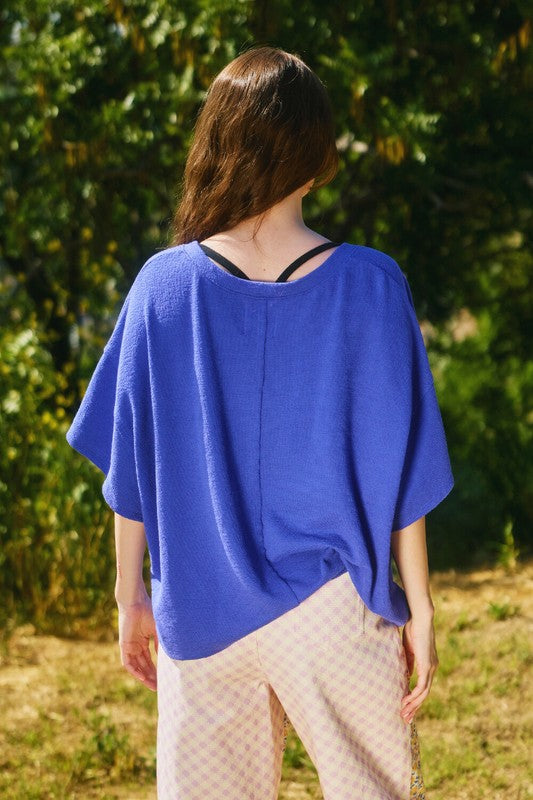 Knit Short Sleeve Blue V-Neck Top