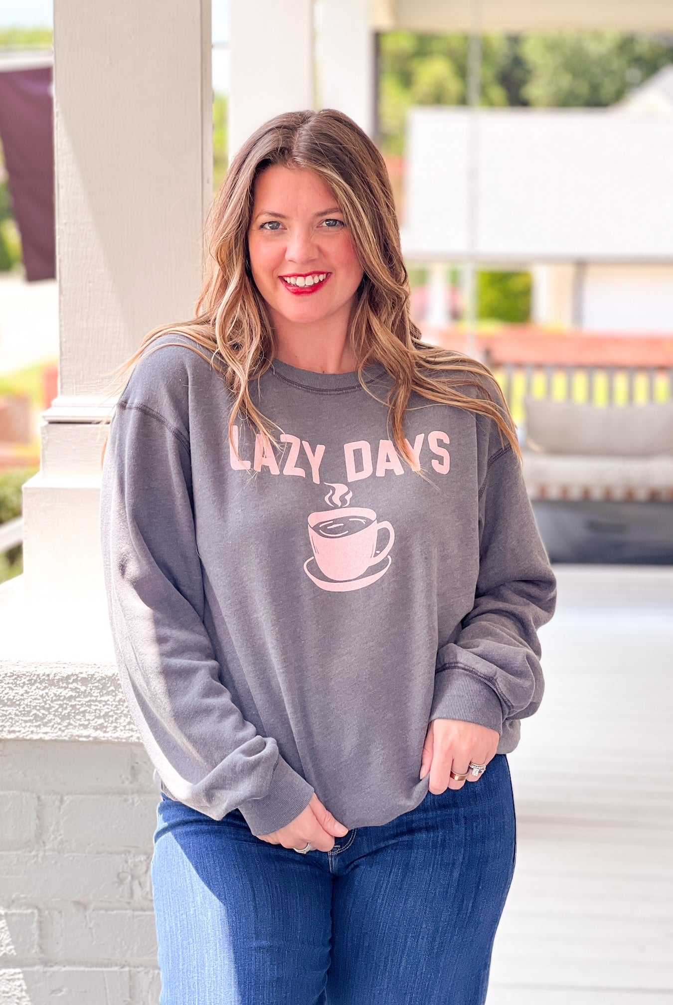 reversible sweatshirt with lazy days written on one side and wild nights written on the other side
