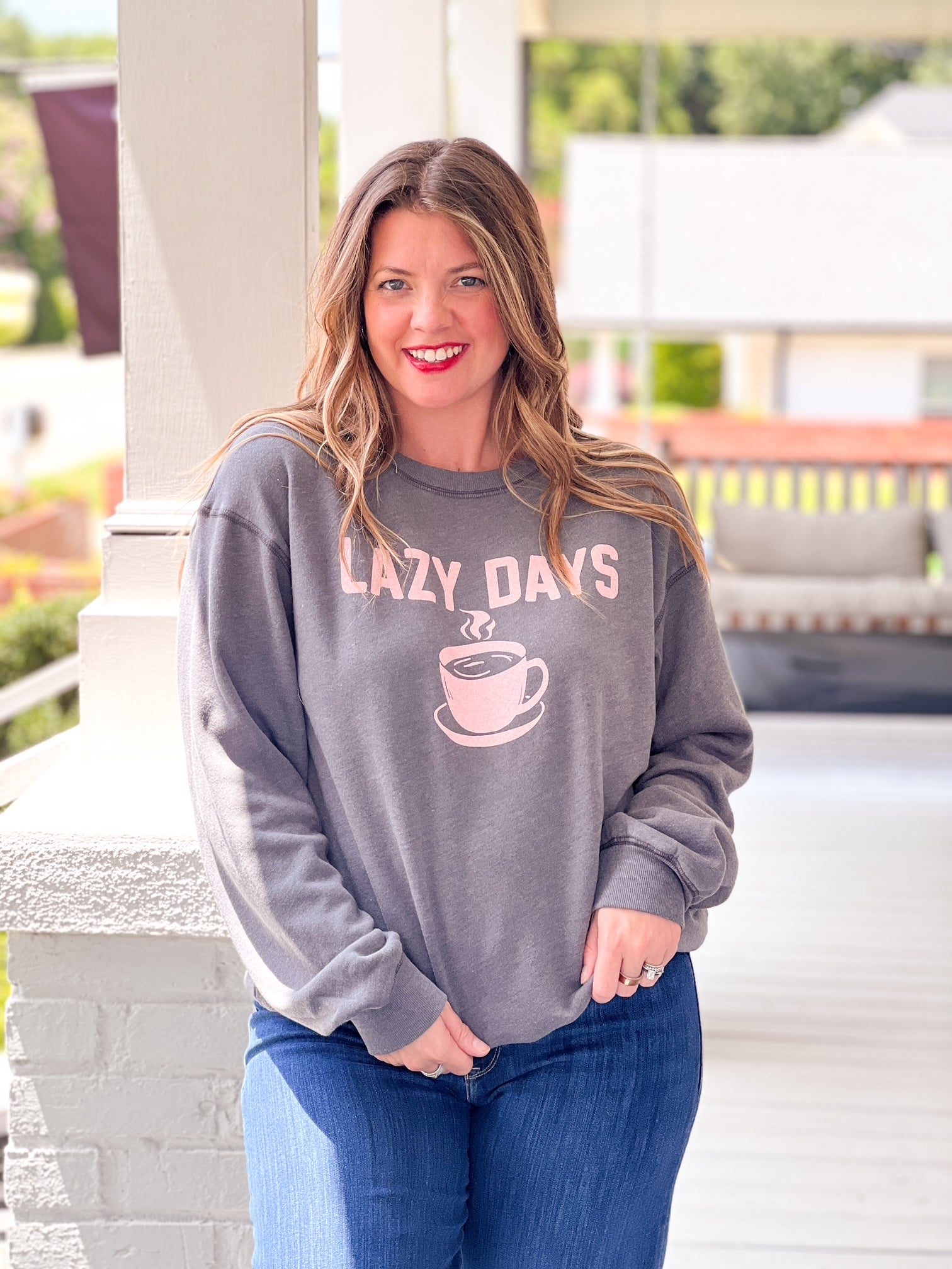 reversible sweatshirt with lazy days written on one side and wild nights written on the other side