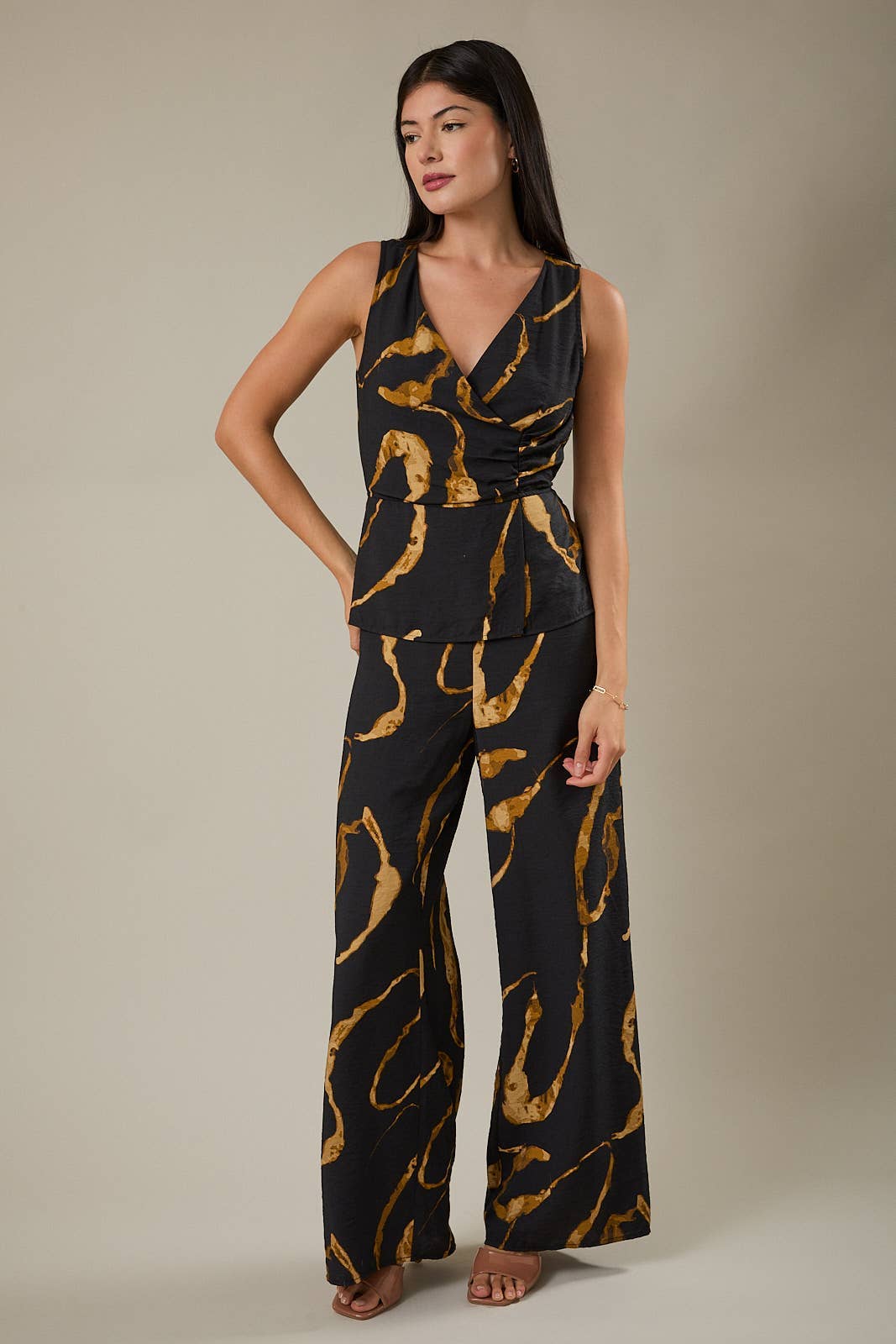 Rose & Lee Co AS IS Leah Jumpsuit, Black/Taupe Abstract Jumpsuit