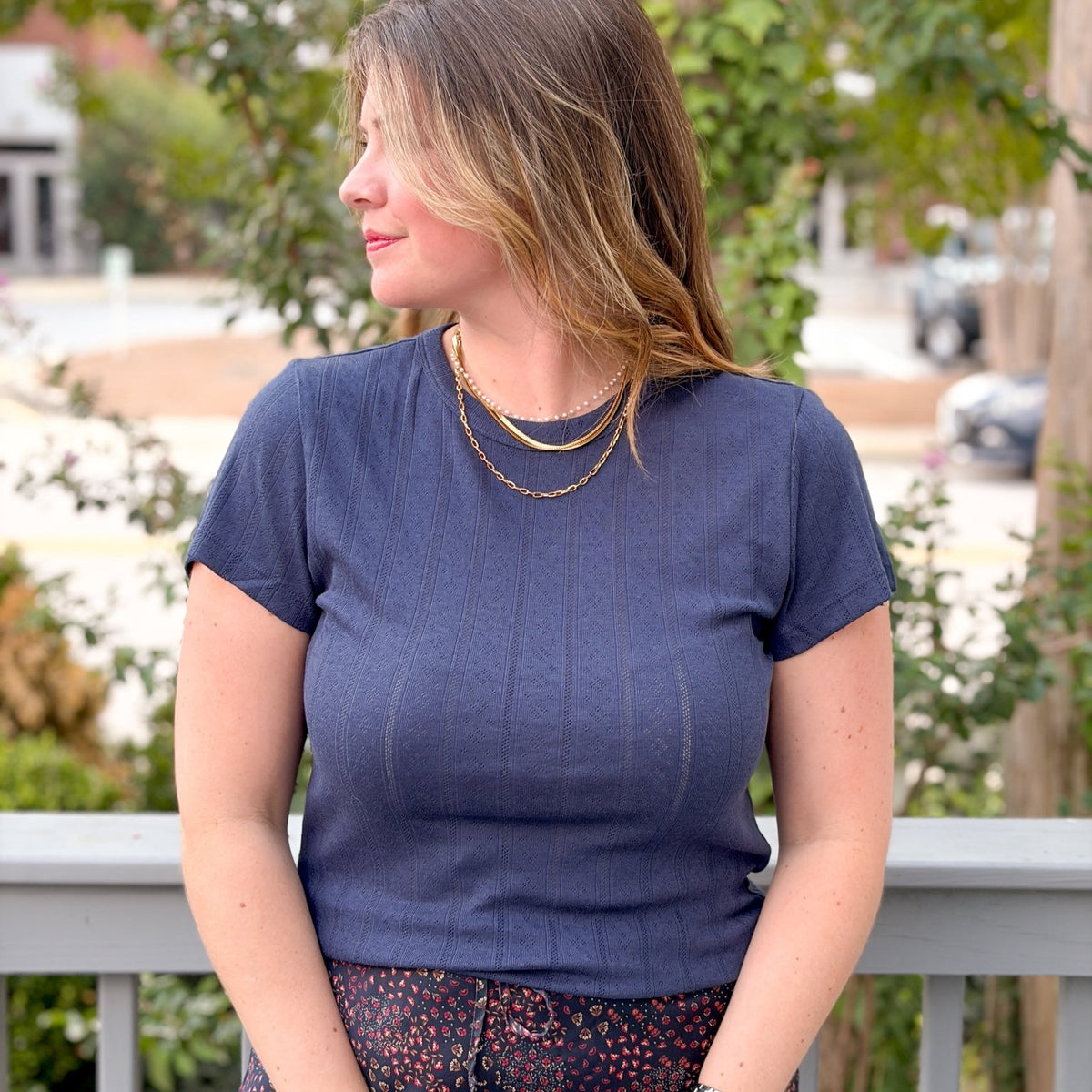 Rose & Lee Co Lexi Pointelle Top, Navy by Marine Layer short sleeve