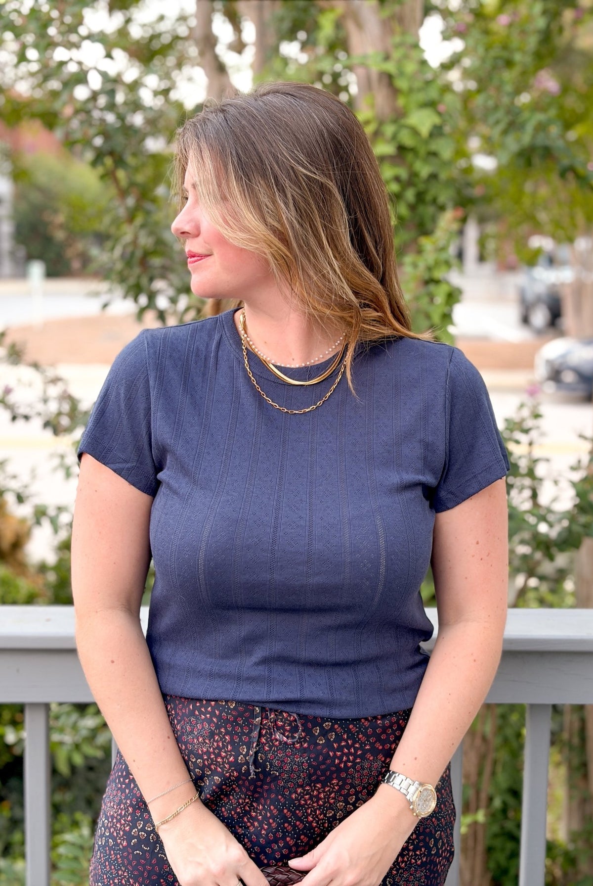 Rose & Lee Co Lexi Pointelle Top, Navy by Marine Layer short sleeve