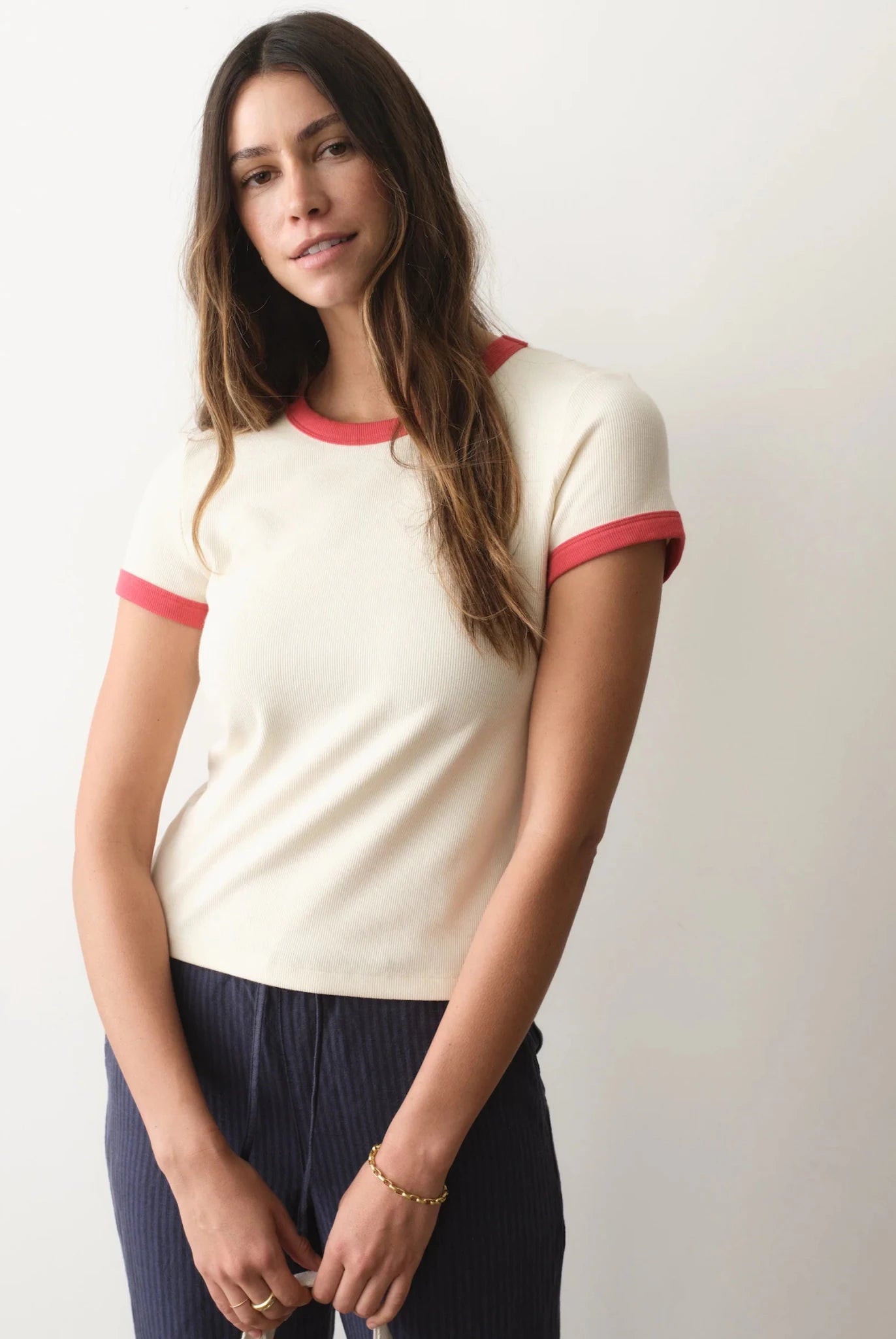 Rose & Lee Co Lexi Tee, Cream/Poppy by Marine Layer short sleeve