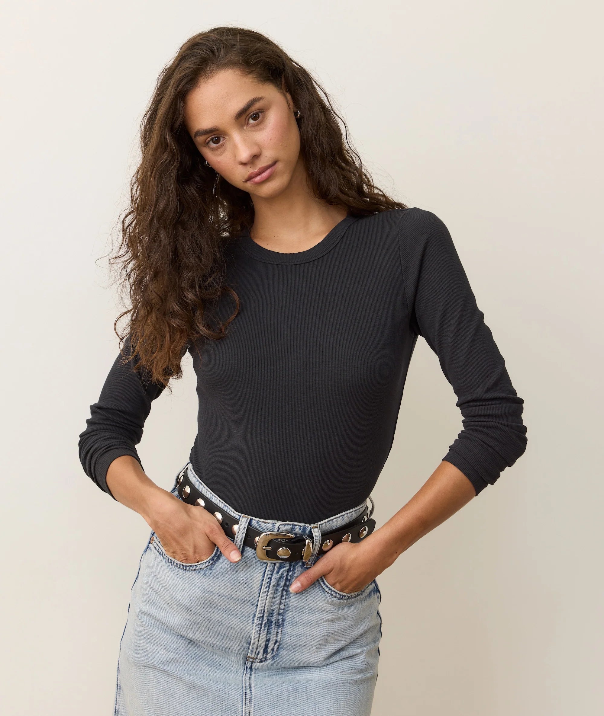 Black Long Sleeve Ribbed Crew Neck Top