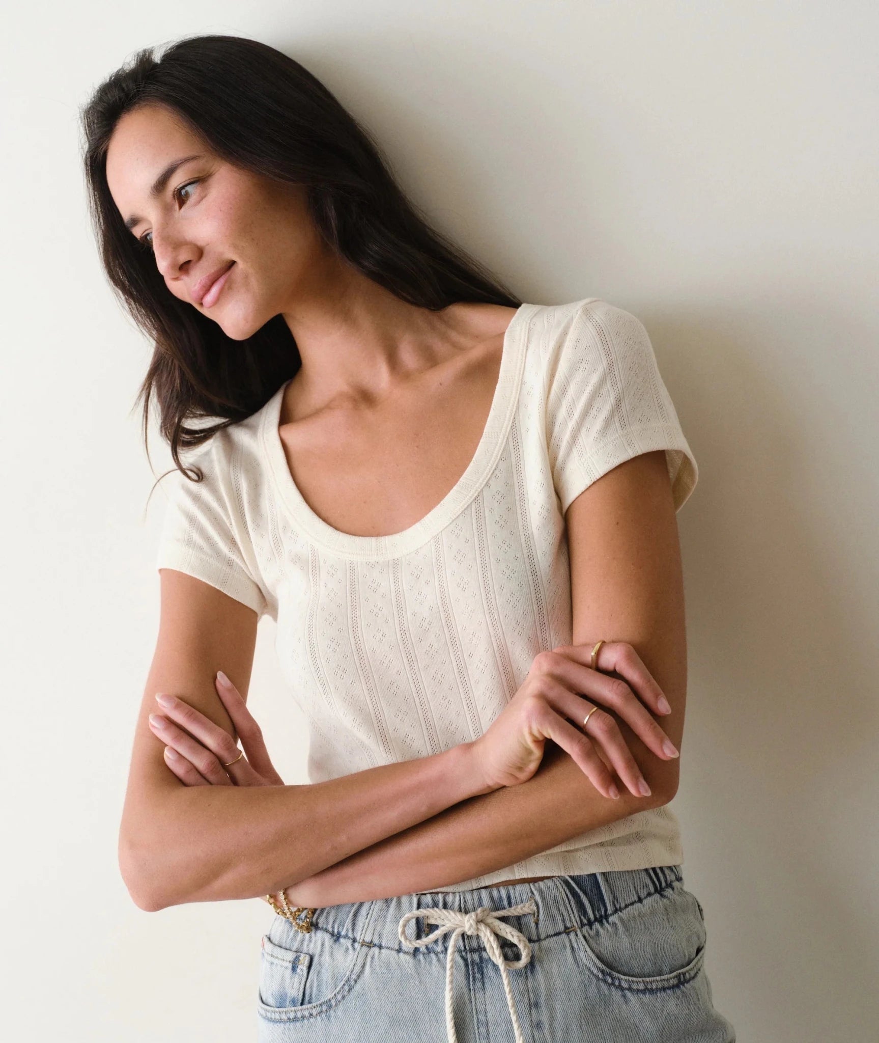Rose & Lee Co Lexi Pointelle Top, Antique White by Marine Layer short sleeve
