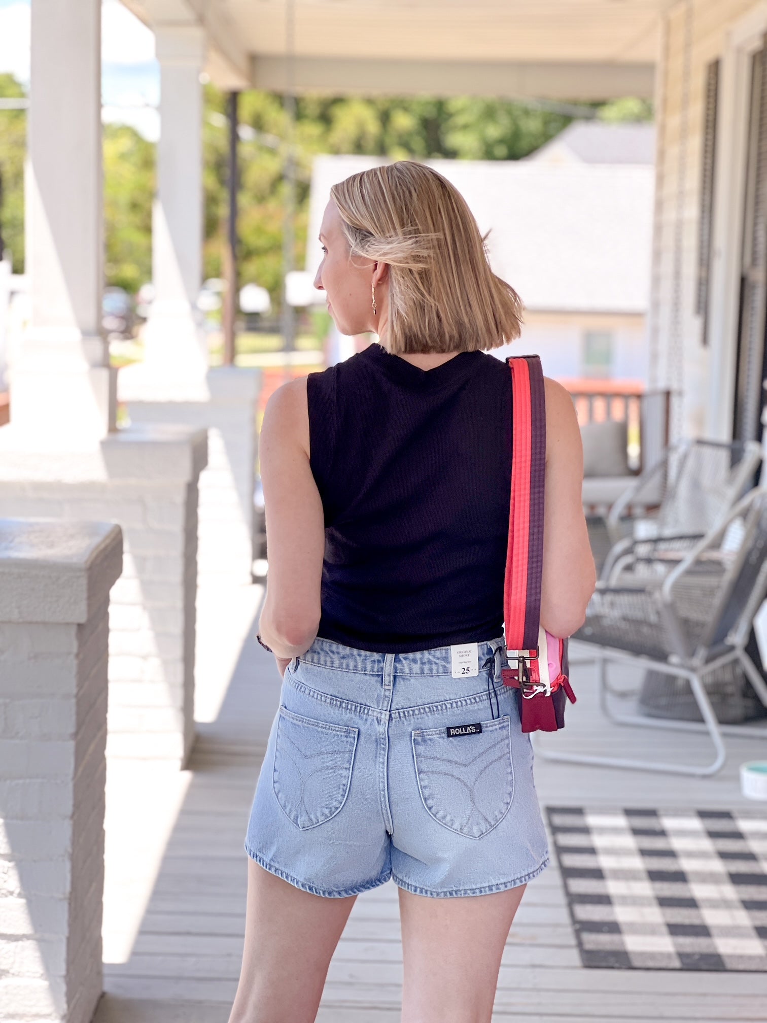 high rise, light wash denim shorts