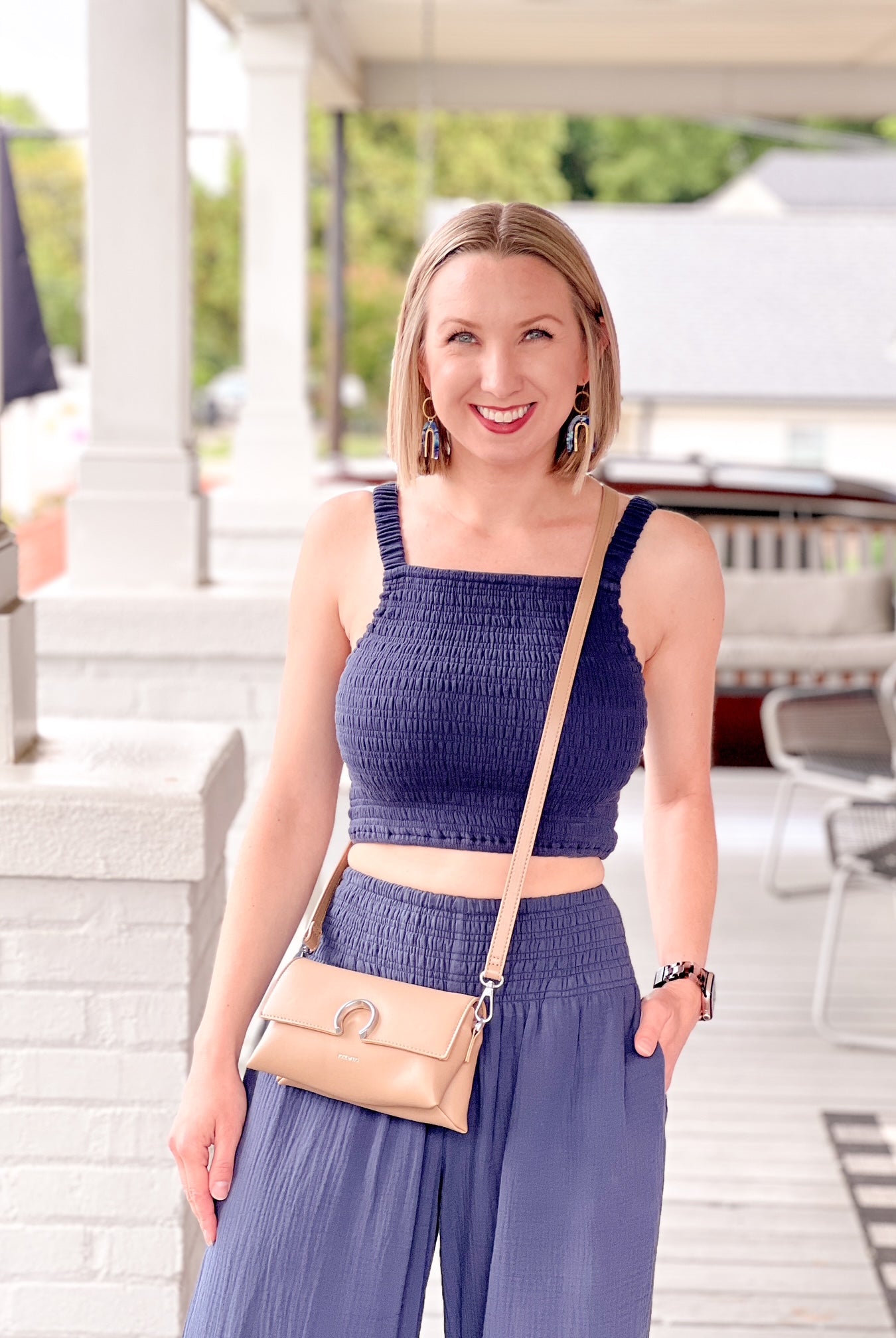 100% cotton smocked indigo cropped tank