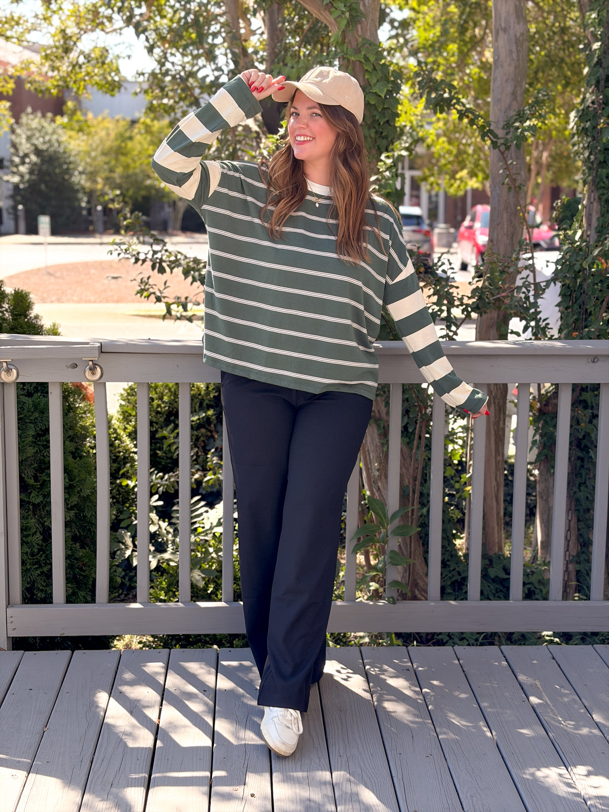 Rose & Lee Co Lillianna Top, Green/Multi Stripe Long Sleeve