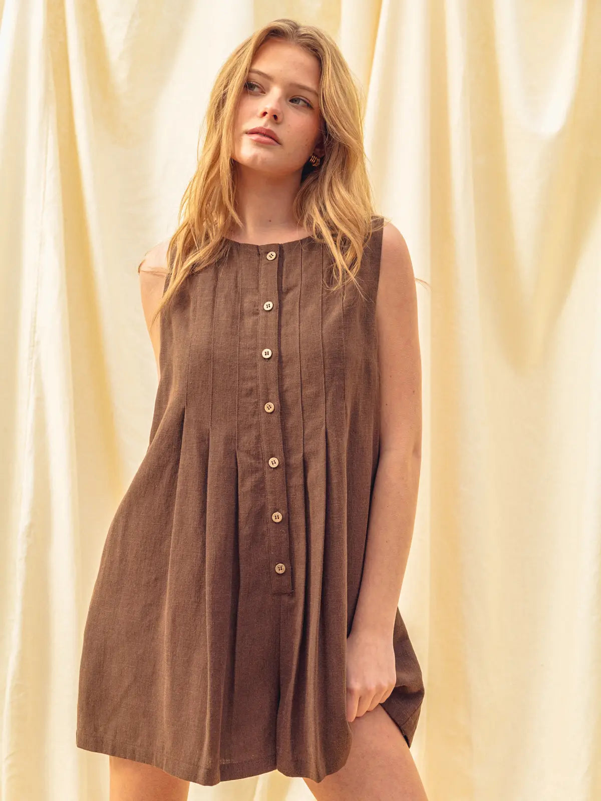 Brown Pleated Mini Sleeveless Romper
