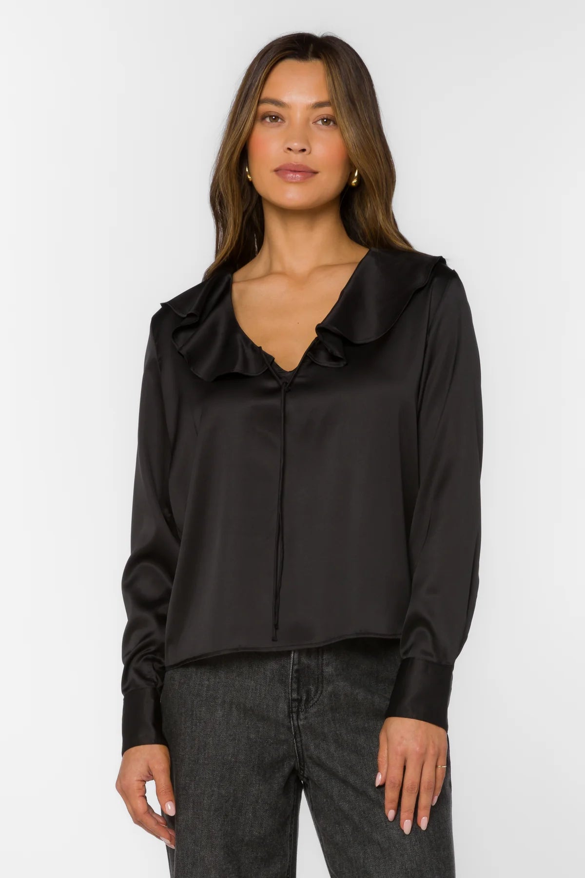 Black Popover Long Sleeve Blouse