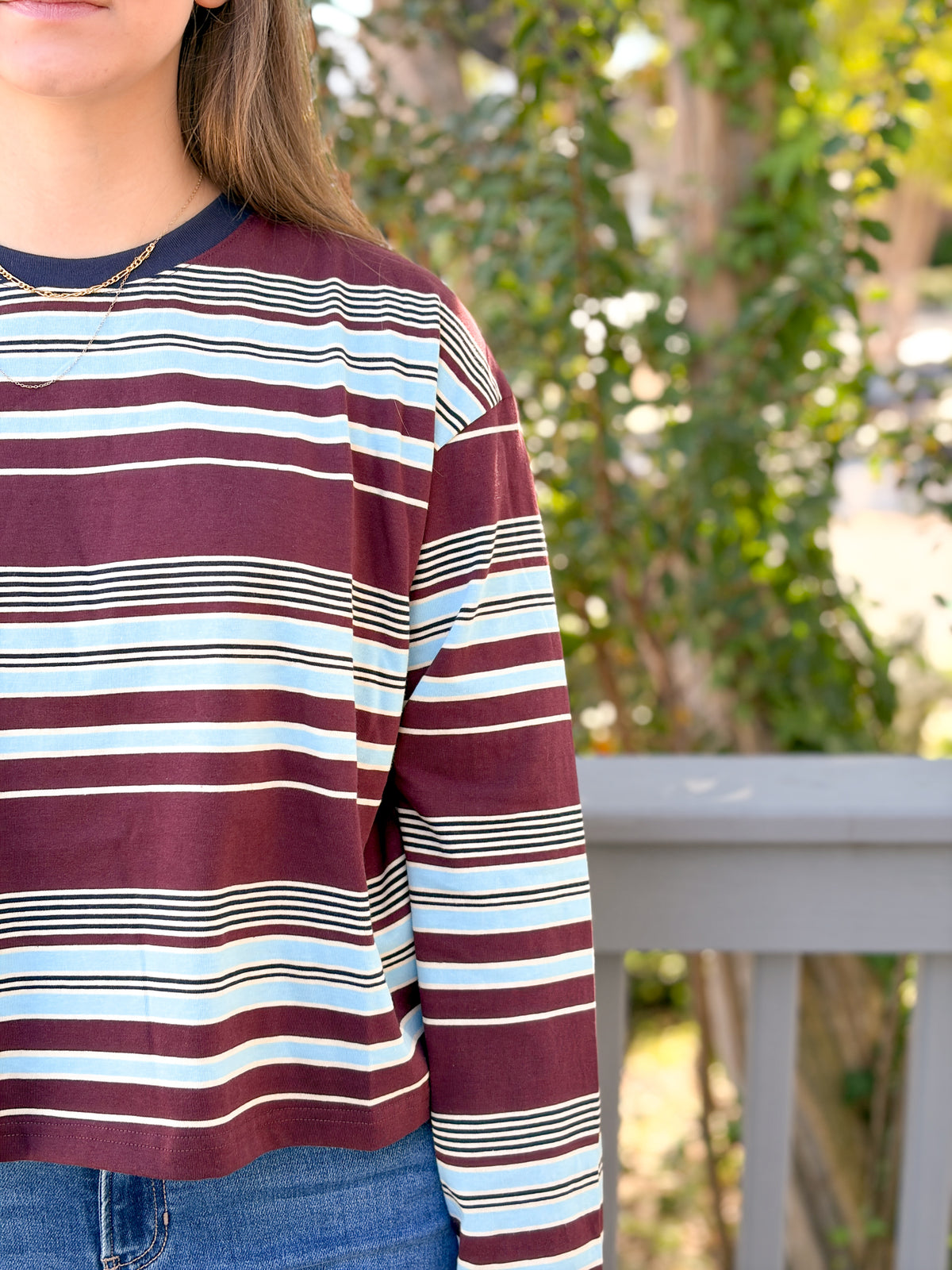 Rose & Lee Co Maite Top, Burgundy/Blue Stripe Long Sleeve