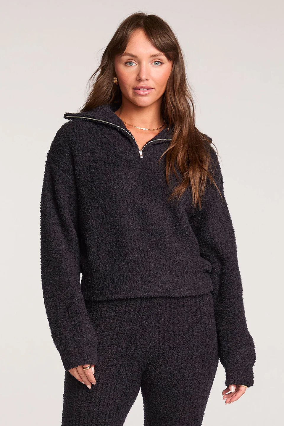 Black Fuzzy and Soft Cropped Half-Zip Sweatshirt