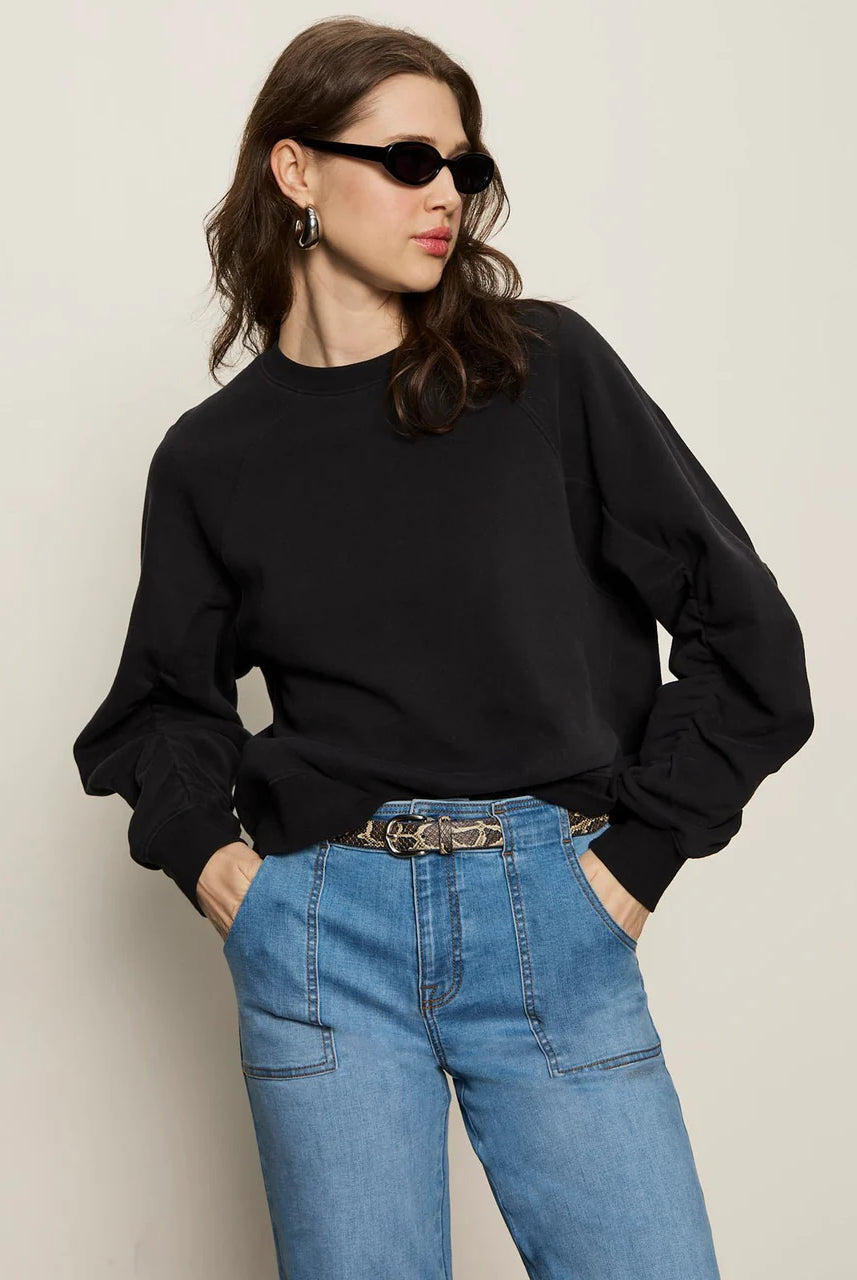 Black Shirred Sleeves Sweatshirt