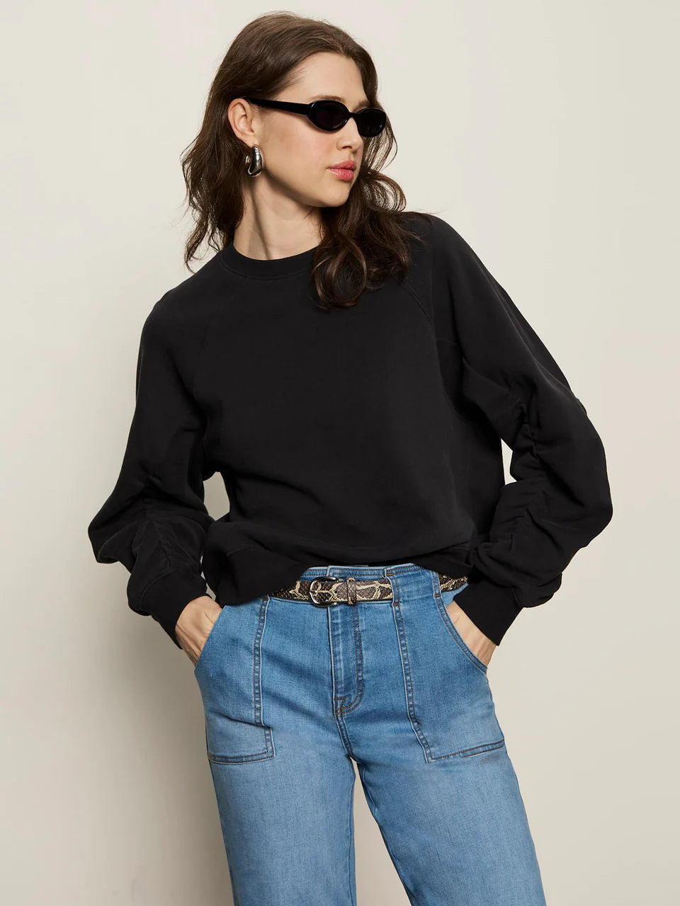 Black Shirred Sleeves Sweatshirt