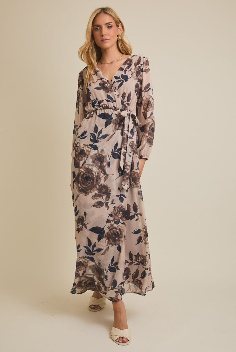 Rose & Lee Co Marley Dress, Taupe/Mocha Floral Event Dress