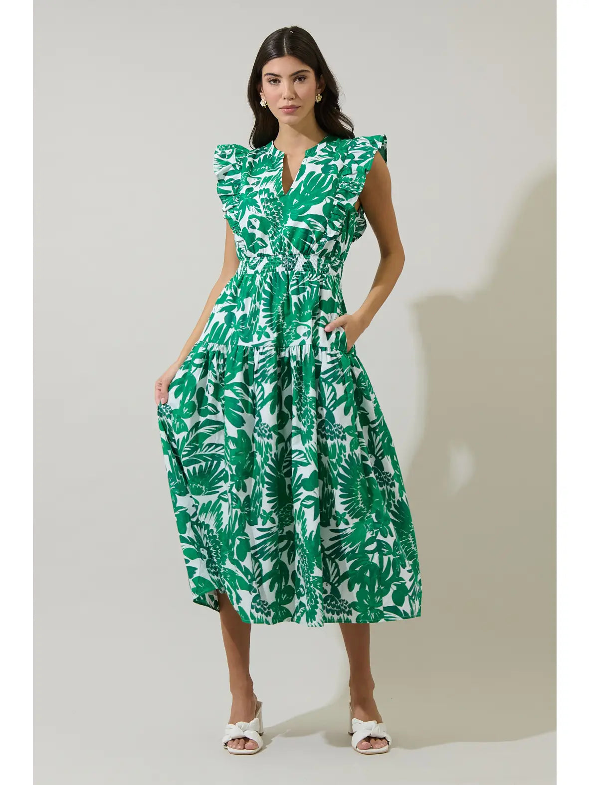 Green & White Tropical Print Smocked Midi Dress