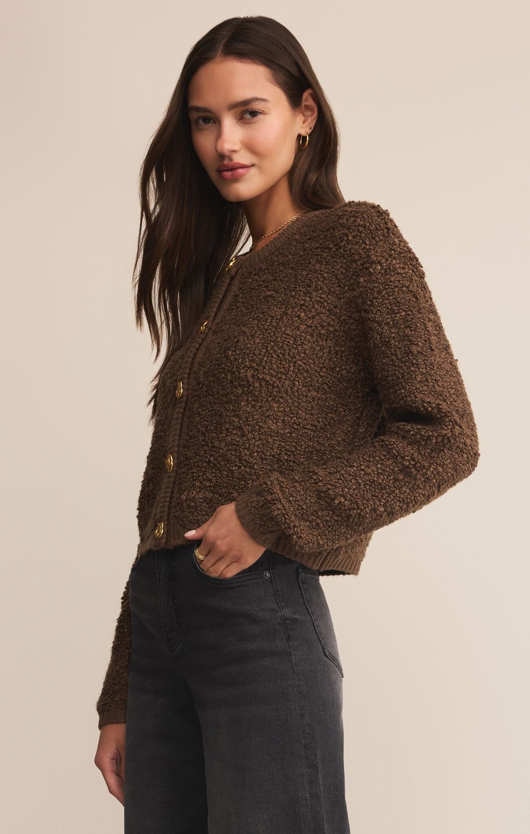 Brown Textured Gold Button Cardigan